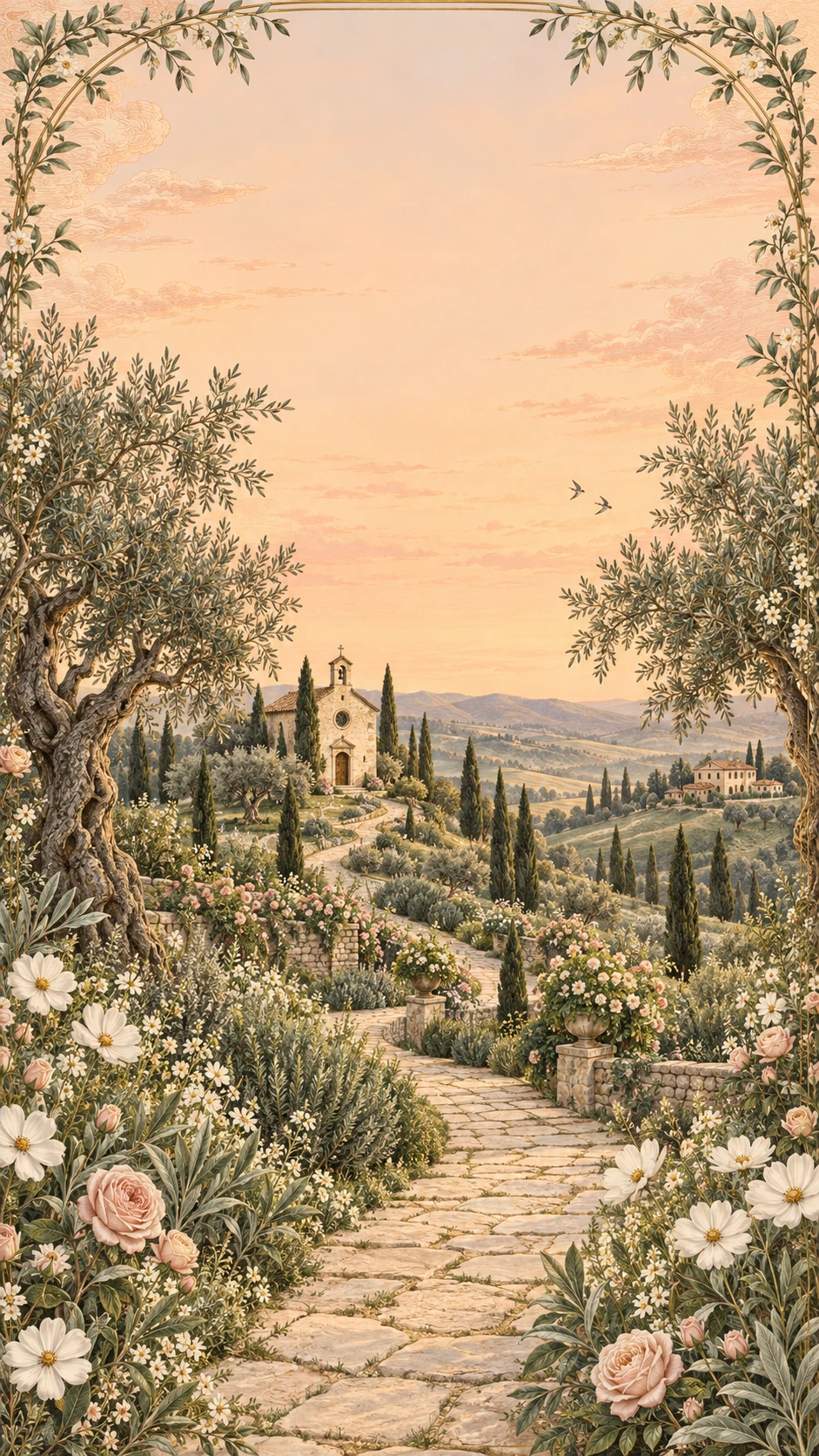 Un sentiero fiorito tra gli ulivi conduce alla cappella sulle colline, all’alba.