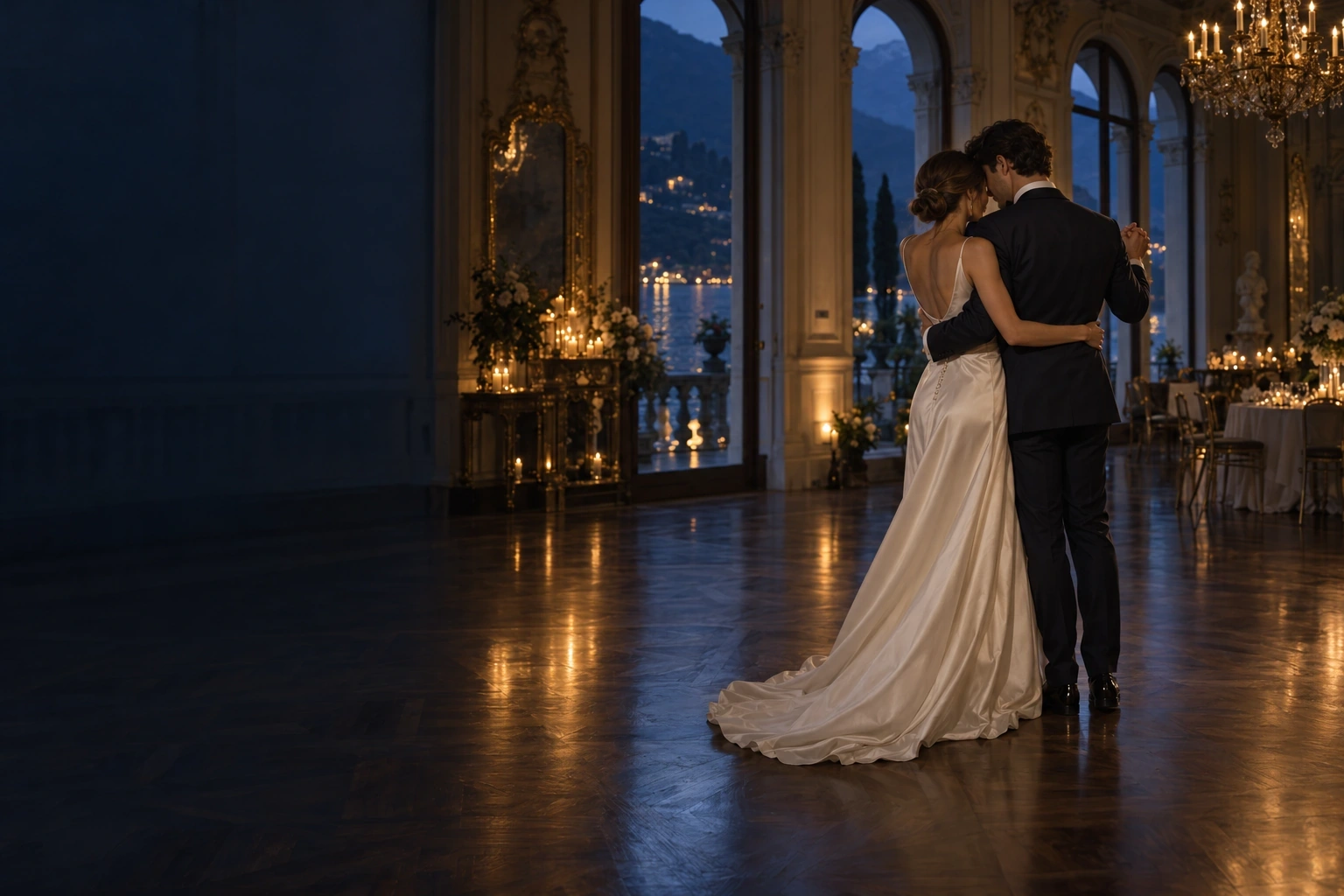 Alice ed Edoardo nel salone sul lago, stretti nel loro primo ballo. Scena originale di fantasia.