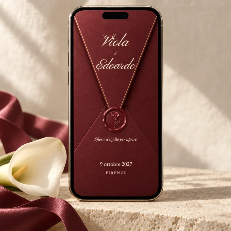 L’invito Lettera d’Amore sullo schermo di un telefono, con luce naturale e materiali di nozze