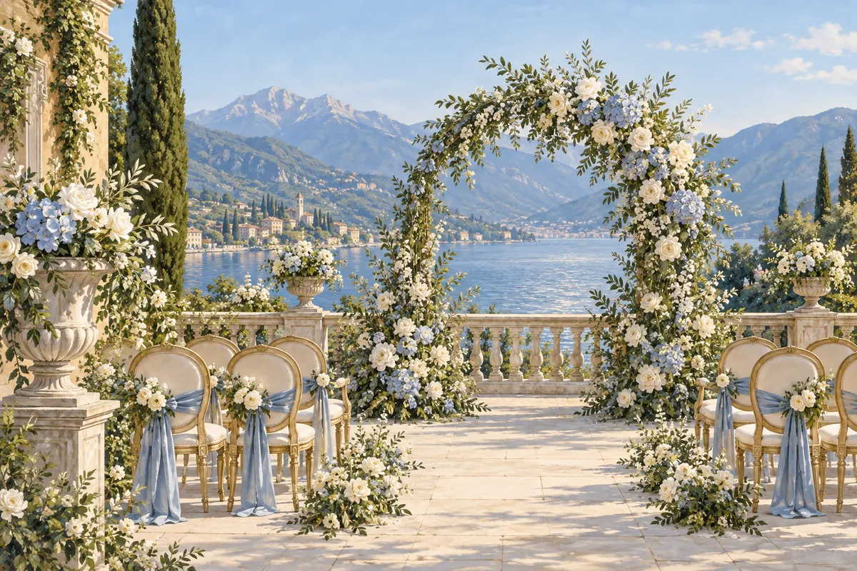 Illustrazione: un arco di rose avorio e ortensie azzurre accoglie la cerimonia sul lago.
