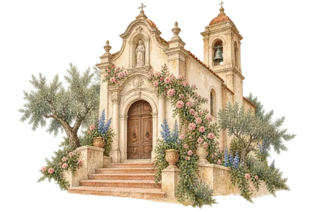 Una chiesa tra rose e ulivi, dipinta ad acquerello.