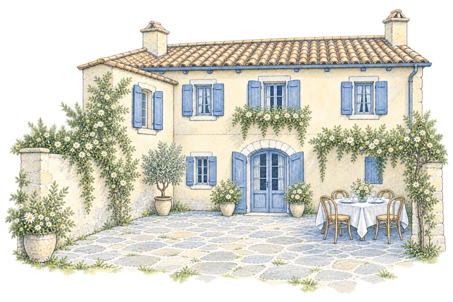Una corte immaginaria fra ulivi e fiori di campo, con una casa chiara e un tavolino. Pennino blu, acquerello verde e la stessa luce di maggio della tavola.