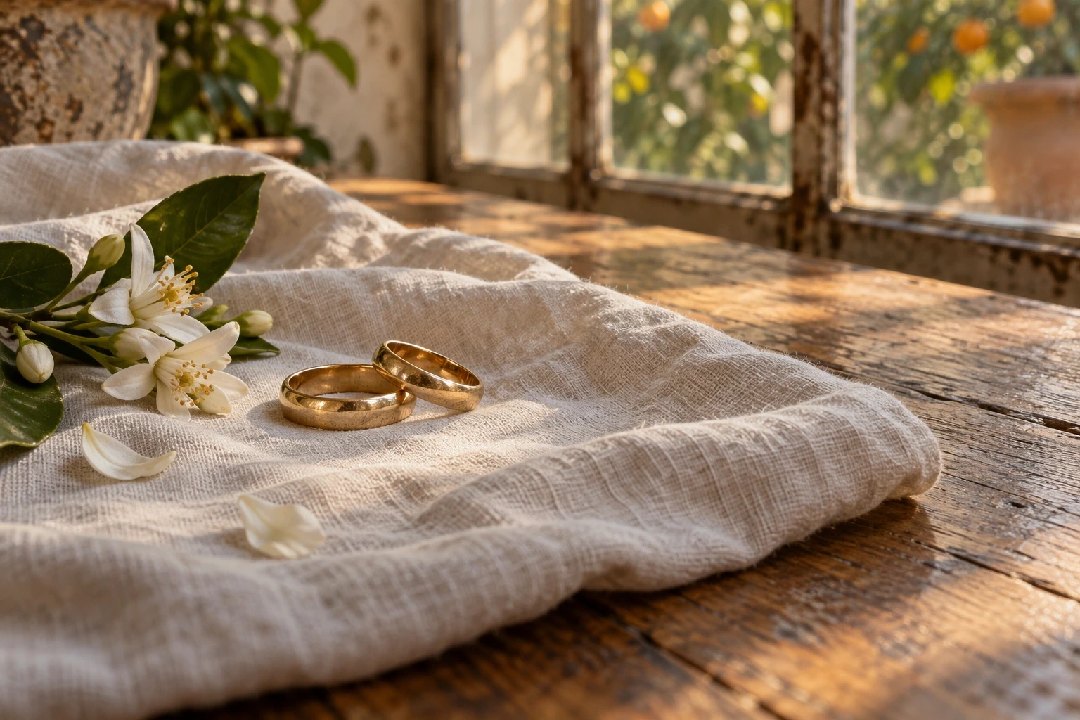 Due fedi d'oro sul lino, accanto a un piccolo ramo di fiori d'arancio. Composizione di fantasia.