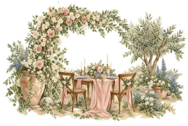 Una festa di nozze in giardino, dipinta ad acquerello.