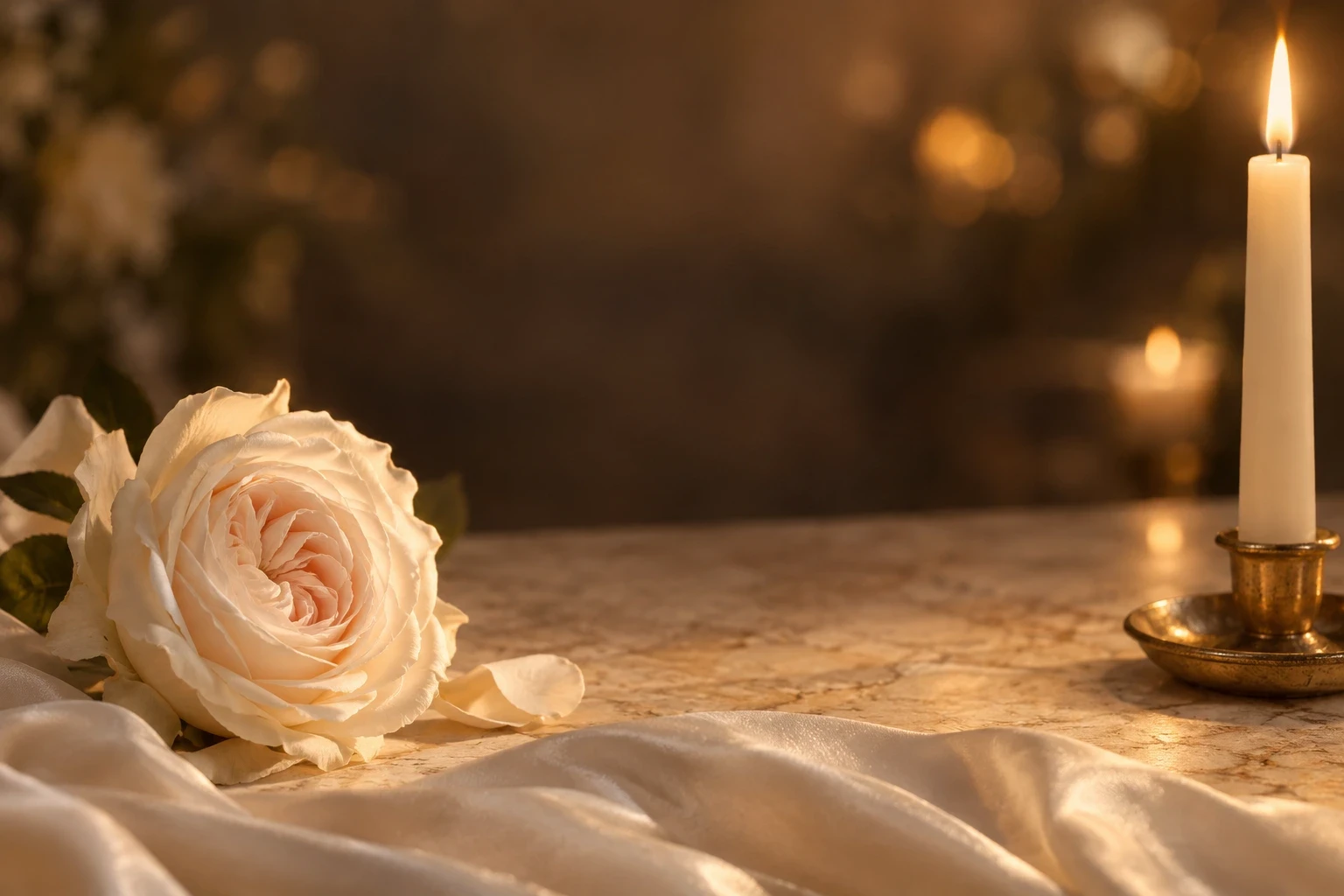 La stessa rosa avorio, la seta e una candela nella luce della sera. Composizione di fantasia.