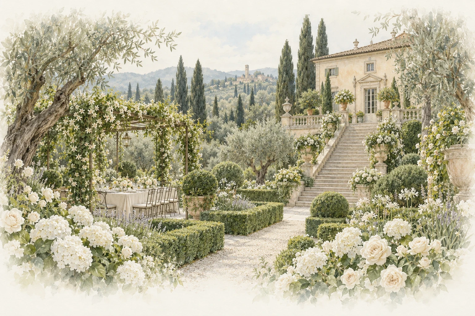 Un giardino classico sulle colline toscane: rose bianche, un pergolato e una villa tra gli alberi. Illustrazione originale di un luogo di fantasia.