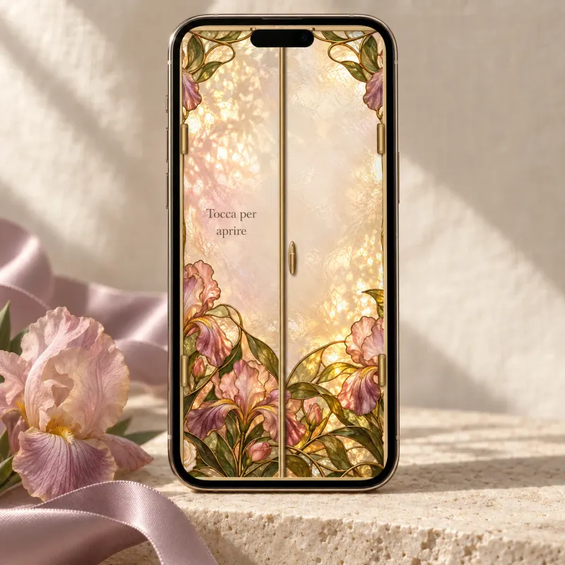L’invito Luce d’Iris sullo schermo di un telefono, con luce naturale e materiali di nozze