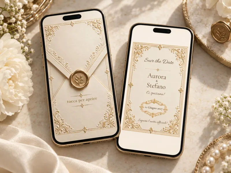 Save the Date Ivory Royale: la busta e l’annuncio sui due telefoni