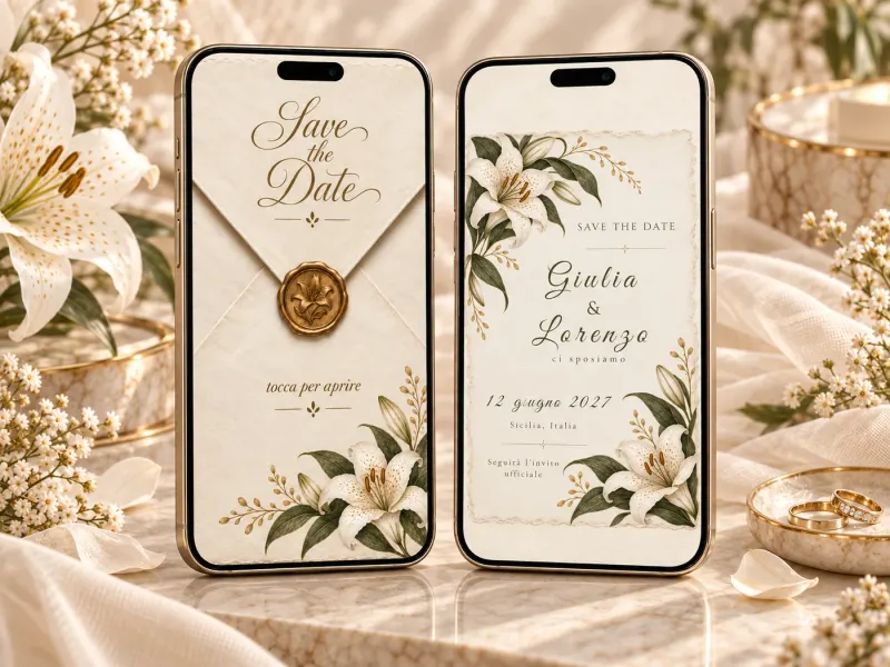 Save the Date Lily Epoque: la busta e l’annuncio sui due telefoni