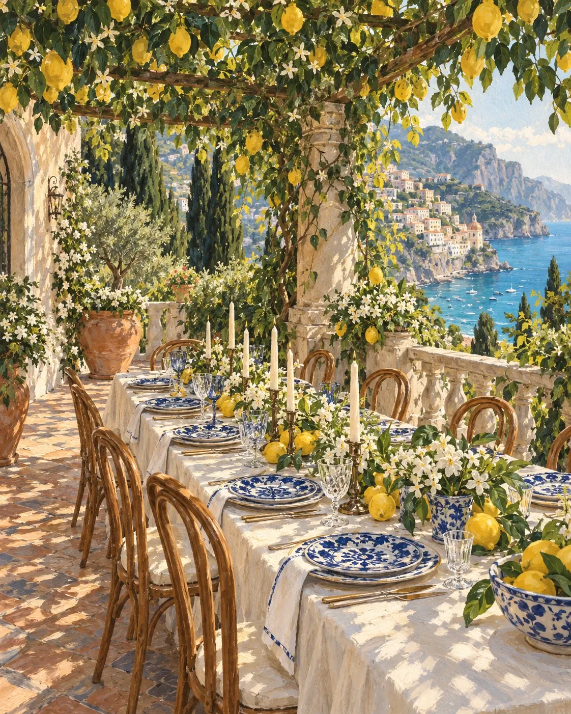 Una tavola dipinta ad acquerello sotto un pergolato di limoni, con maioliche blu, zagare e il mare della Costiera sullo sfondo. Scena immaginaria.