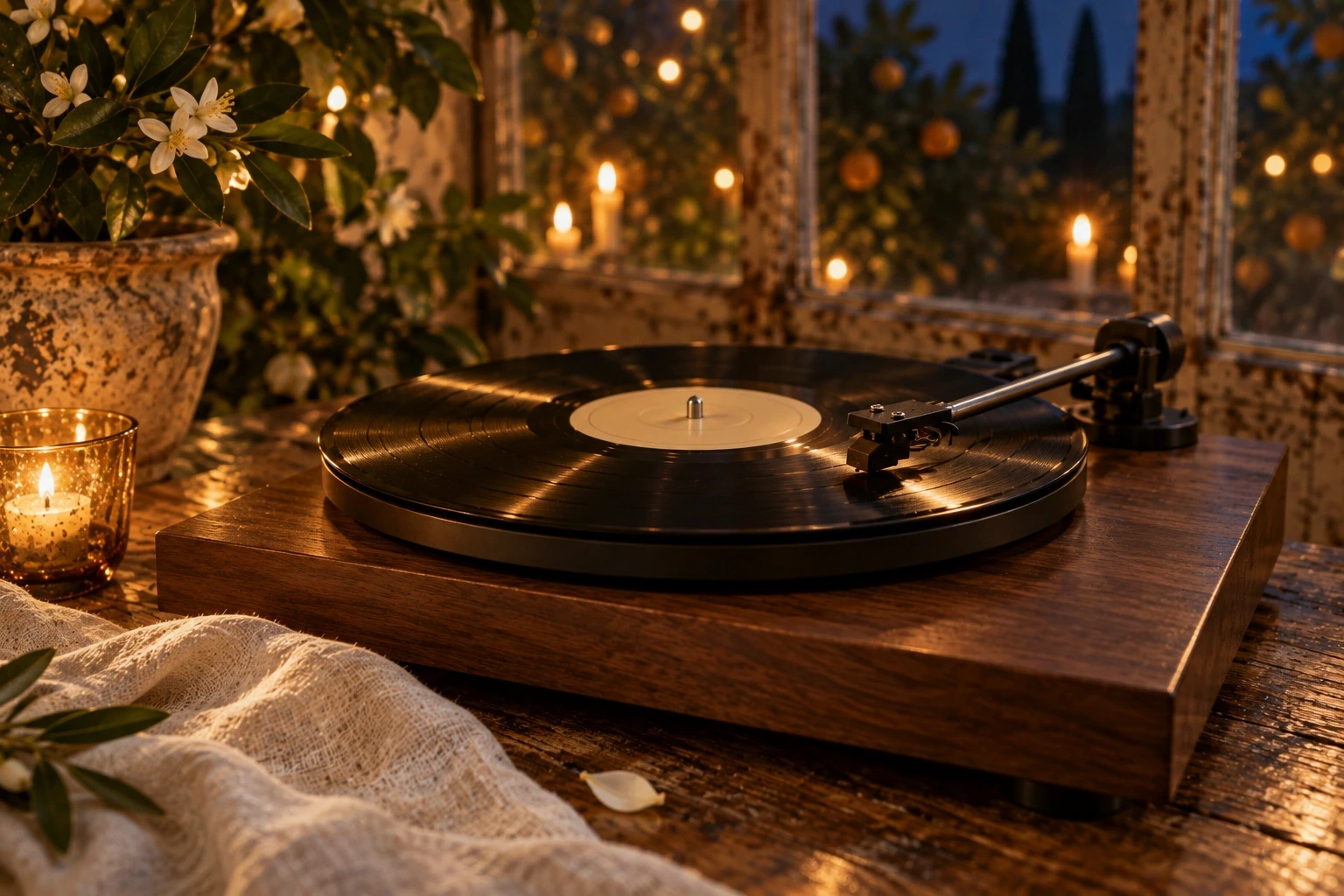 Un vinile sul giradischi di legno, tra riflessi di candela e fiori d'arancio. Composizione di fantasia.