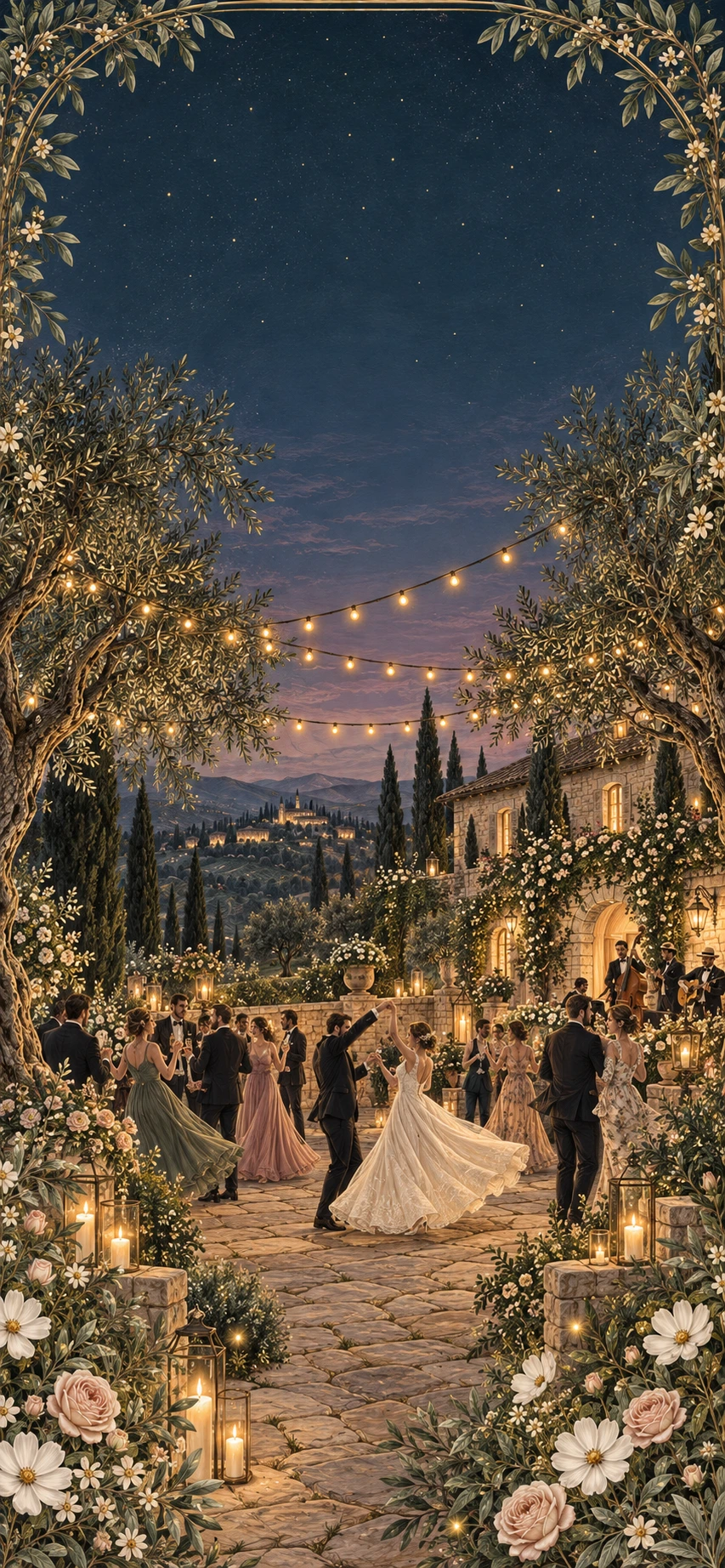 La festa continua tra balli, luci sospese e fiori nella notte.