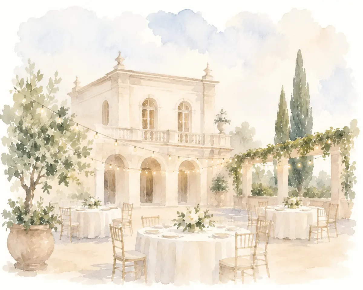 Una villa tra ulivi e fiori, dipinta ad acquerello.