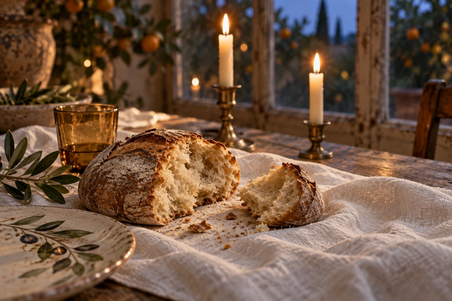 Pane spezzato sul lino, ceramica e due candele accese nella luce della sera. Composizione di fantasia.