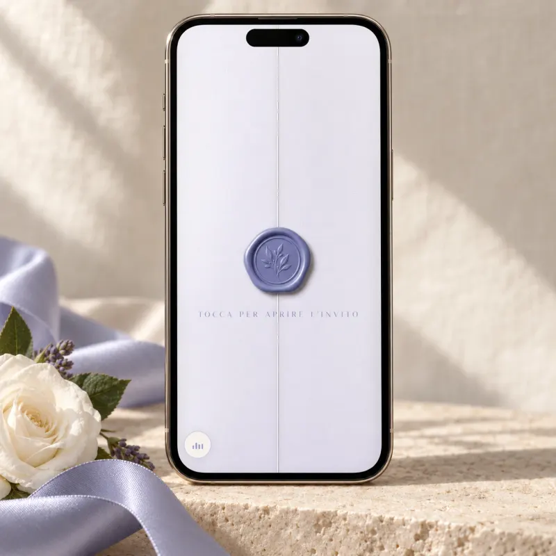 L’invito Fioritura sullo schermo di un telefono, con luce naturale e materiali di nozze