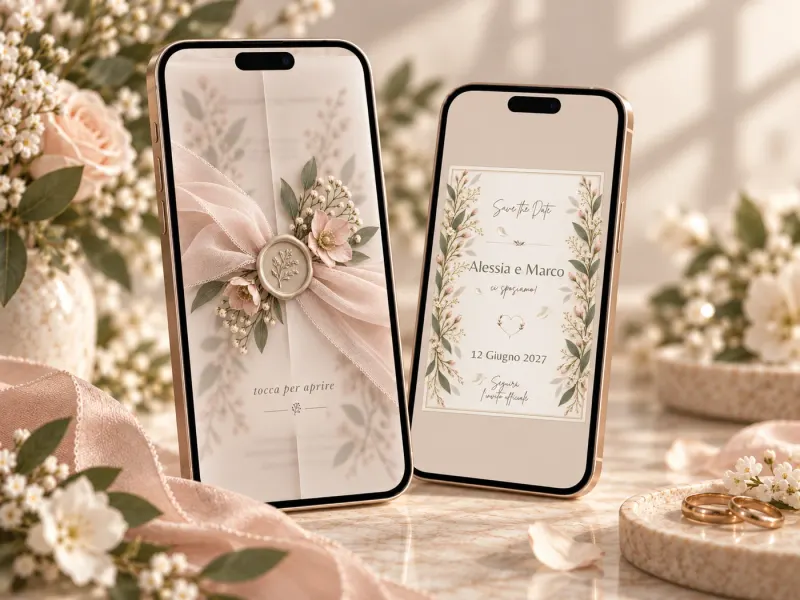 Save the Date Petal Veil: la busta e l’annuncio sui due telefoni
