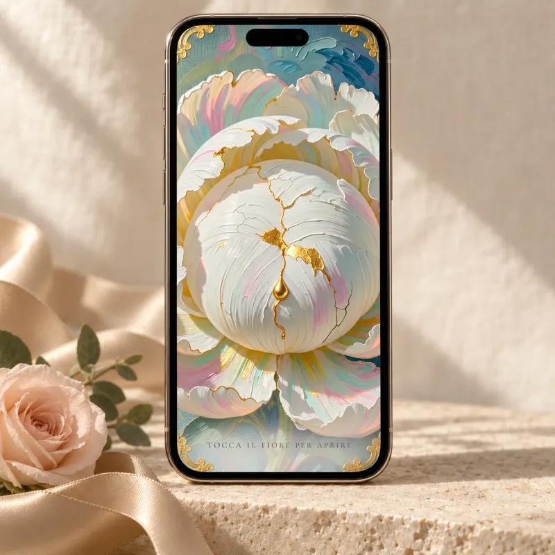 L’invito Musa sullo schermo di un telefono, con luce naturale e materiali di nozze