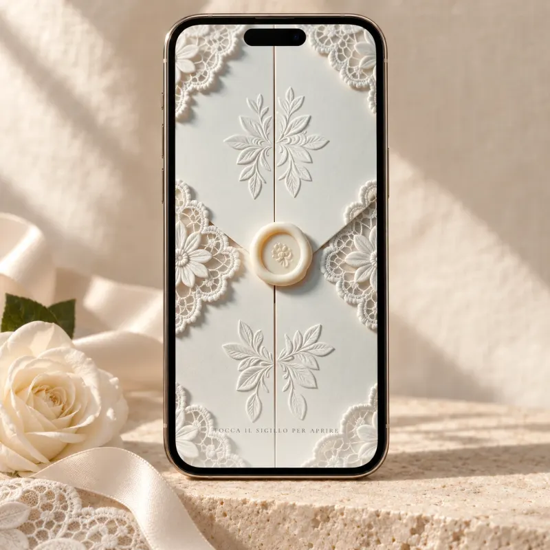 L’invito Chantilly sullo schermo di un telefono, con luce naturale e materiali di nozze