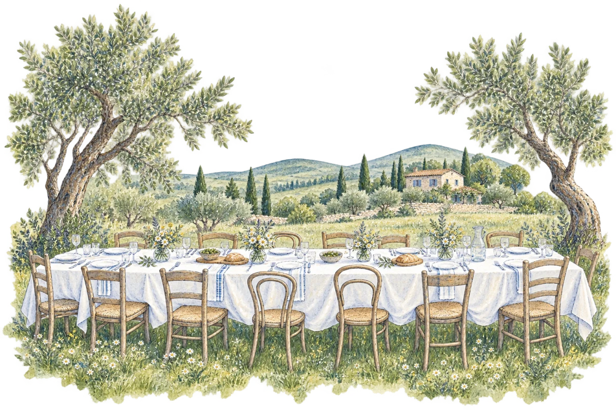 Una lunga tavola nel prato, fra due ulivi, con pane, caraffe e fiori di campo. Dietro, le colline e una piccola corte immaginaria. Acquerello originale verde e blu.