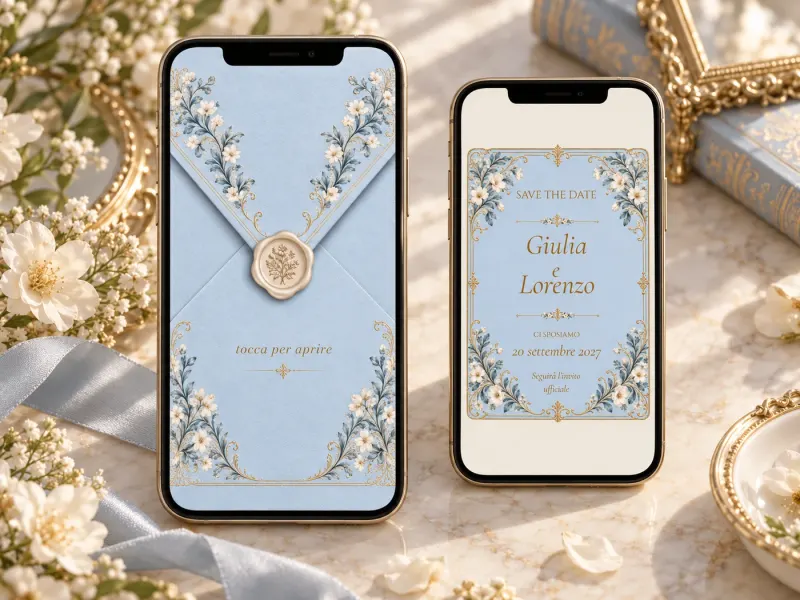 Save the Date Regency: la busta e l’annuncio sui due telefoni