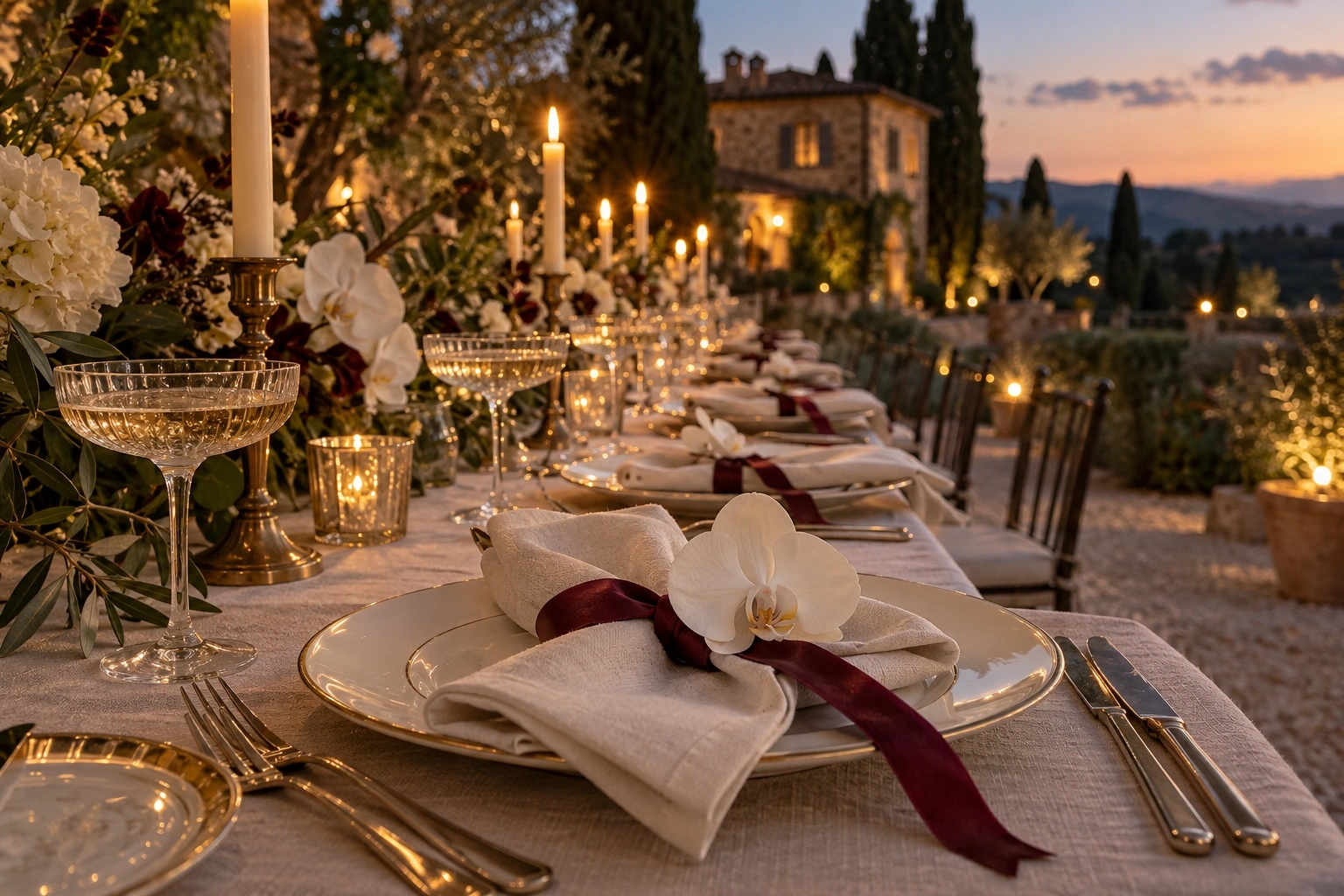 Una tavola di nozze immaginaria sulle colline di Firenze, con candele e dettagli bordeaux. Fotografia originale di fantasia.
