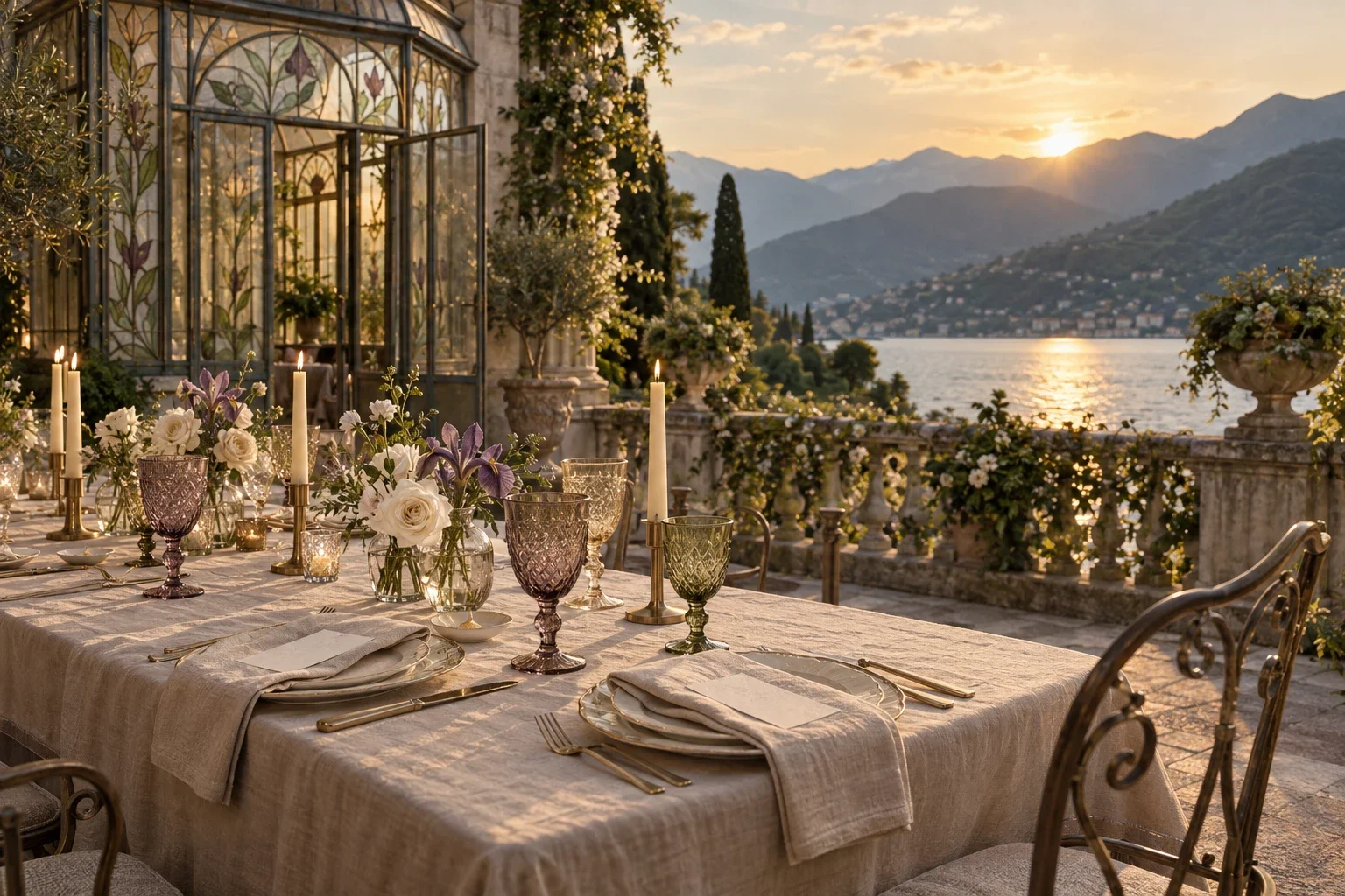 Una tavola nuziale affacciata sul lago, tra vetri colorati, fiori e luce del tramonto.