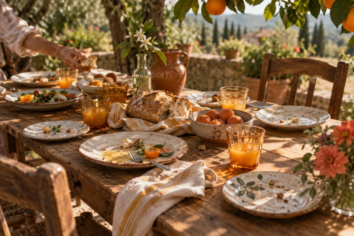 Il ricordo di un pranzo: piatti accostati, pane da dividere e bicchieri di spremuta. Scena di fantasia.