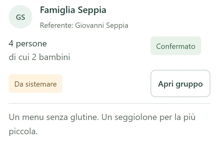 Risposta dimostrativa dei Seppia: quattro persone, due bambini e la nota originale su menù senza glutine e seggiolone.