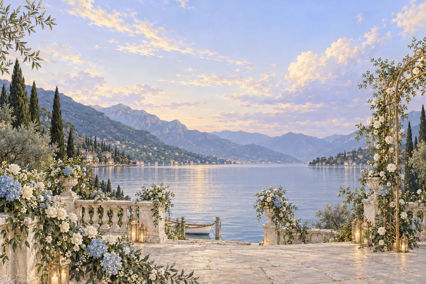 Il lago al crepuscolo, tra rose avorio e lanterne accese: un ultimo sguardo al giardino.