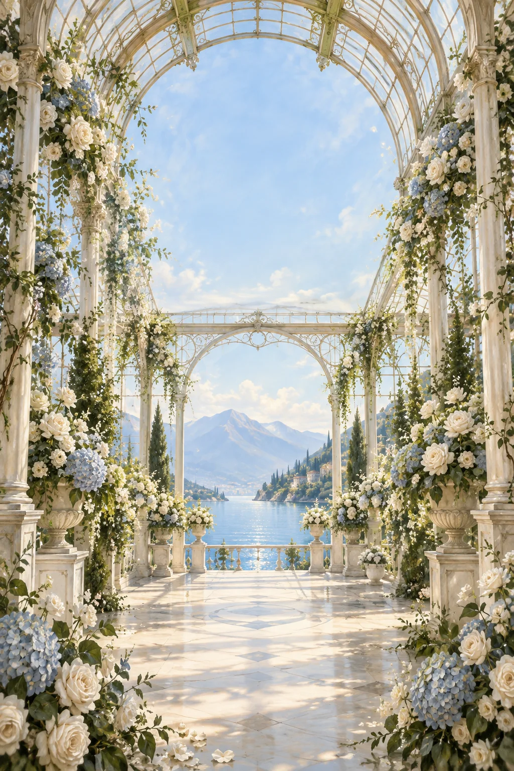 Una serra luminosa sul lago, tra archi dorati, ortensie azzurre e rose avorio.