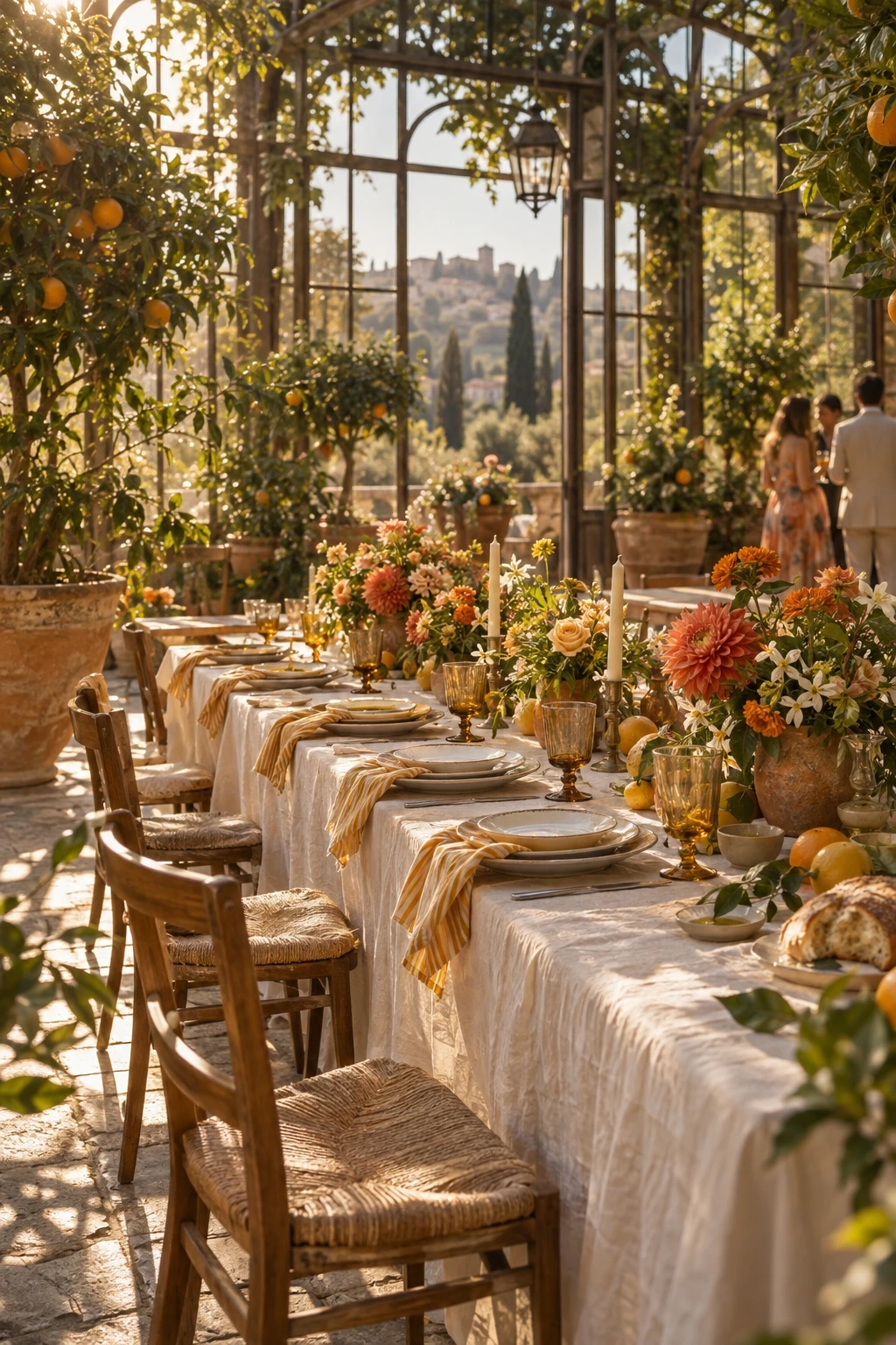 Una tavola vissuta fra gli aranci: lino, pane, fiori e amici nella luce color miele. Scena di fantasia.