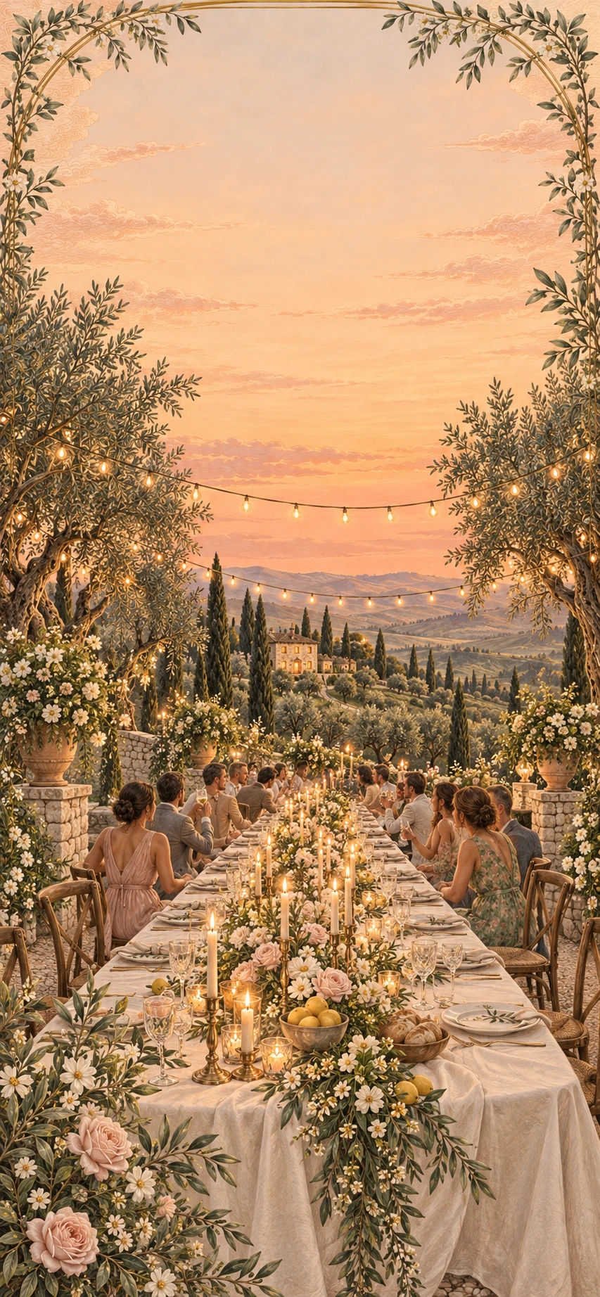 La lunga tavola nel giardino, tra candele e luce del tramonto.