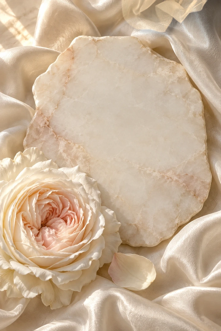Una rosa avorio accanto a una lastra di alabastro adagiata sulla seta. Composizione di fantasia.