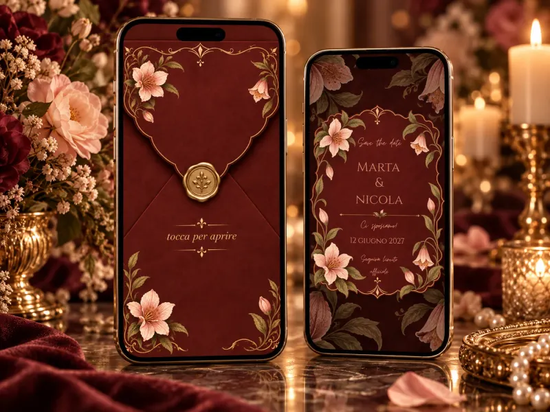 Save the Date Velvet Garden: la busta e l’annuncio sui due telefoni