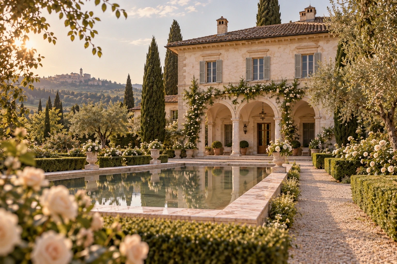 Una villa immaginaria affacciata sul giardino, fra portici, acqua e luce calda.