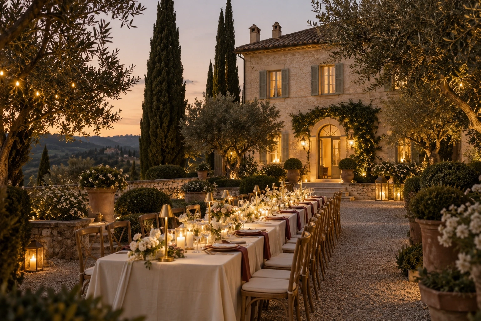 Una villa immaginaria sulle colline di Firenze, con il giardino pronto per una festa al crepuscolo.