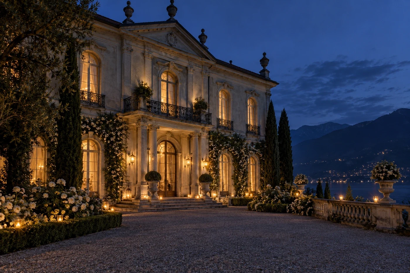 Una villa immaginaria sul lago al crepuscolo, pronta per la festa.