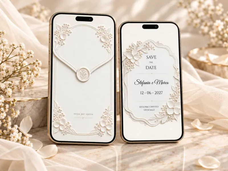 Save the Date White Reverie: la busta e l’annuncio sui due telefoni